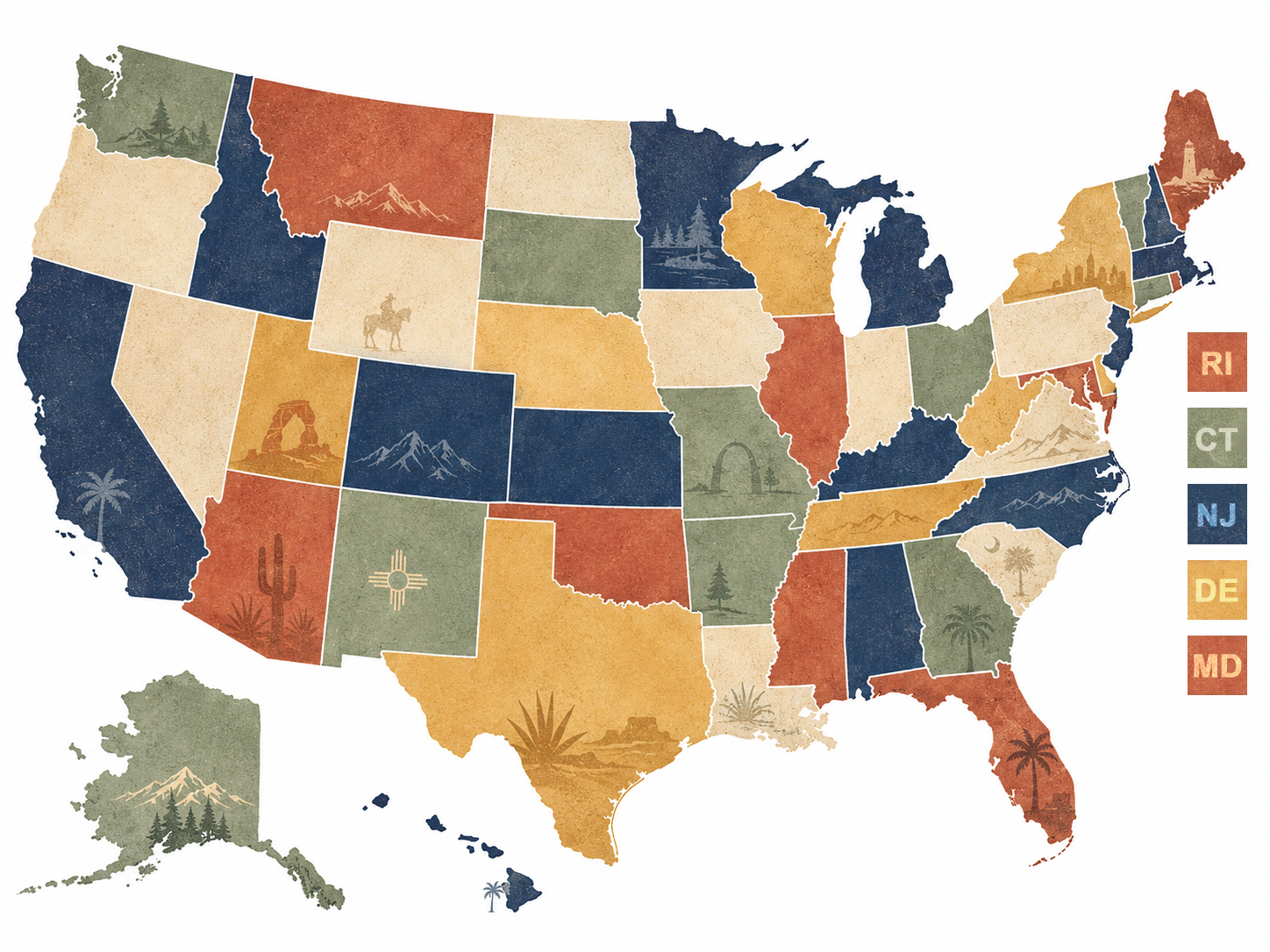 Illustrated map of the United States with clickable state job directories